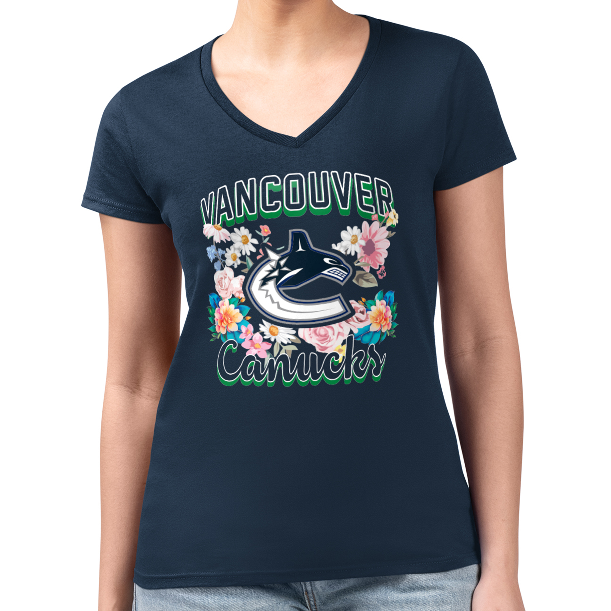 Women's G-III 4Her by Carl Banks Navy Vancouver Canucks Flower Logo Fitted V-Neck T-Shirt