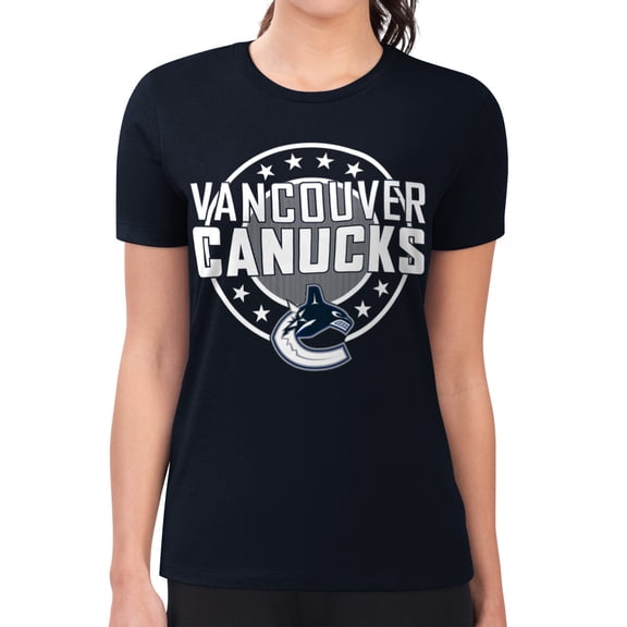 Women's G-III 4Her by Carl Banks Navy Vancouver Canucks Super-Slim Lightweight Pinstripe Circle Graphic T-Shirt