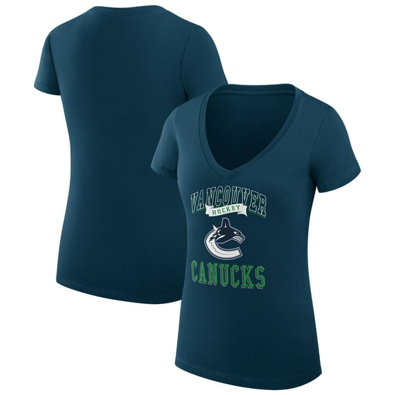 Women's G-III 4Her by Carl Banks Navy Vancouver Canucks Super-Slim Fit Lightweight Team Logo Graphic V-Neck T-Shirt