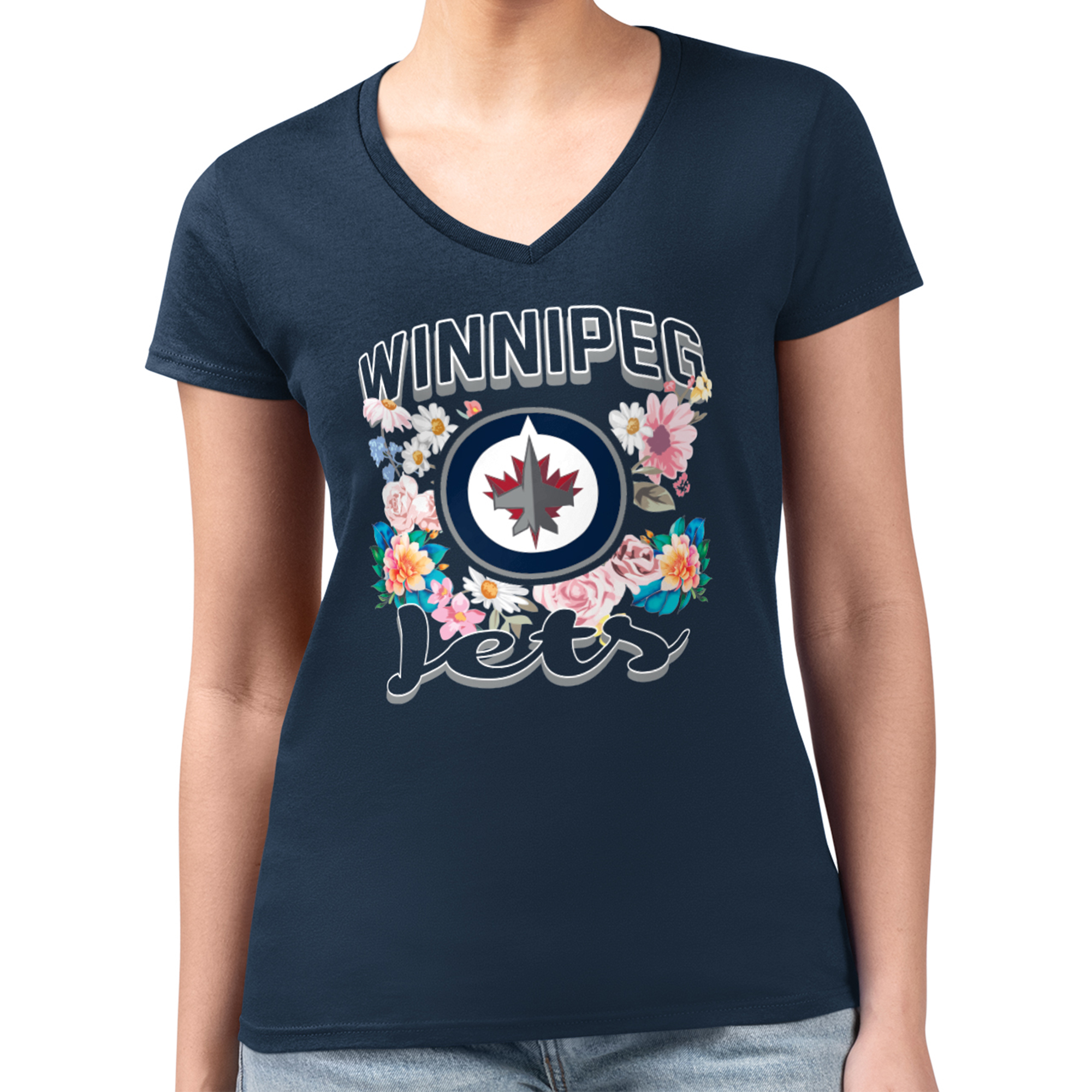 Women's G-III 4Her by Carl Banks Navy Winnipeg Jets Flower Logo Fitted V-Neck T-Shirt