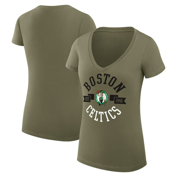 Women's G-III 4Her by Carl Banks Olive Boston Celtics Super-Slim Fit Lightweight Large City Logo V-Neck T-Shirt