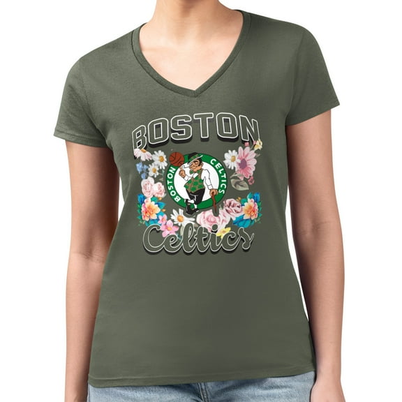 Women's G-III 4Her by Carl Banks Olive Boston Celtics Super-Slim Fit Lightweight Flowers Team Logo Graphic V-Neck