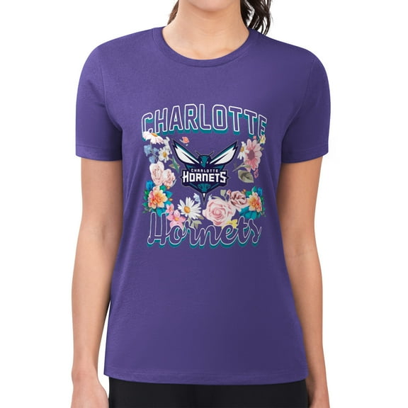 Women's G-III 4Her by Carl Banks Purple Charlotte Hornets Super-Slim Fit Lightweight Flowers Team Logo Graphic T-Shirt