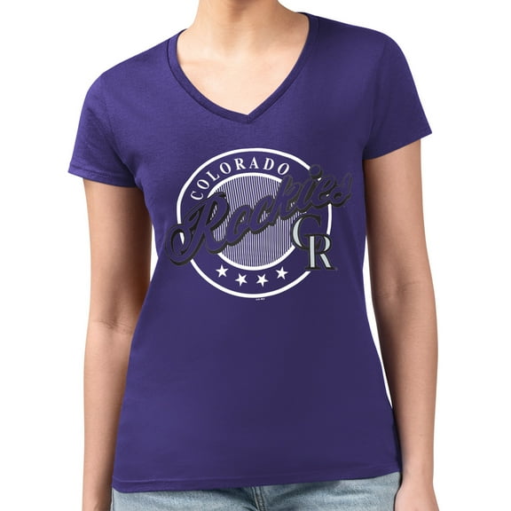 Women's G-III 4Her by Carl Banks  Purple Colorado Rockies Super-Slim Fit Lightweight Pinstripe Circle V-Neck T-Shirt