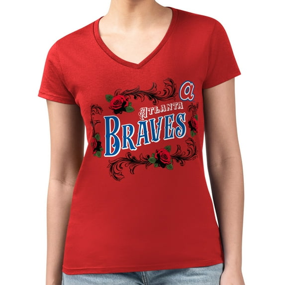 Women's G-III 4Her by Carl Banks Red Atlanta Braves Super-Slim Fit Lightweight Retro Roses V-Neck T-Shirt