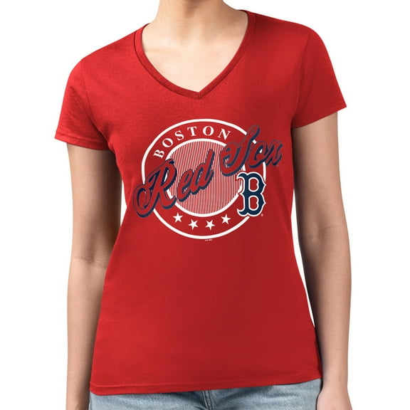 Women's G-III 4Her by Carl Banks  Red Boston Red Sox Super-Slim Fit Lightweight Pinstripe Circle V-Neck T-Shirt
