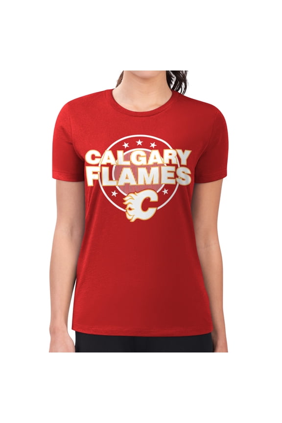 Women's G-III 4Her by Carl Banks Red Calgary Flames Super-Slim Lightweight Pinstripe Circle Graphic T-Shirt