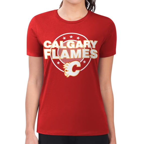 Women's G-III 4Her by Carl Banks Red Calgary Flames Super-Slim Lightweight Pinstripe Circle Graphic T-Shirt