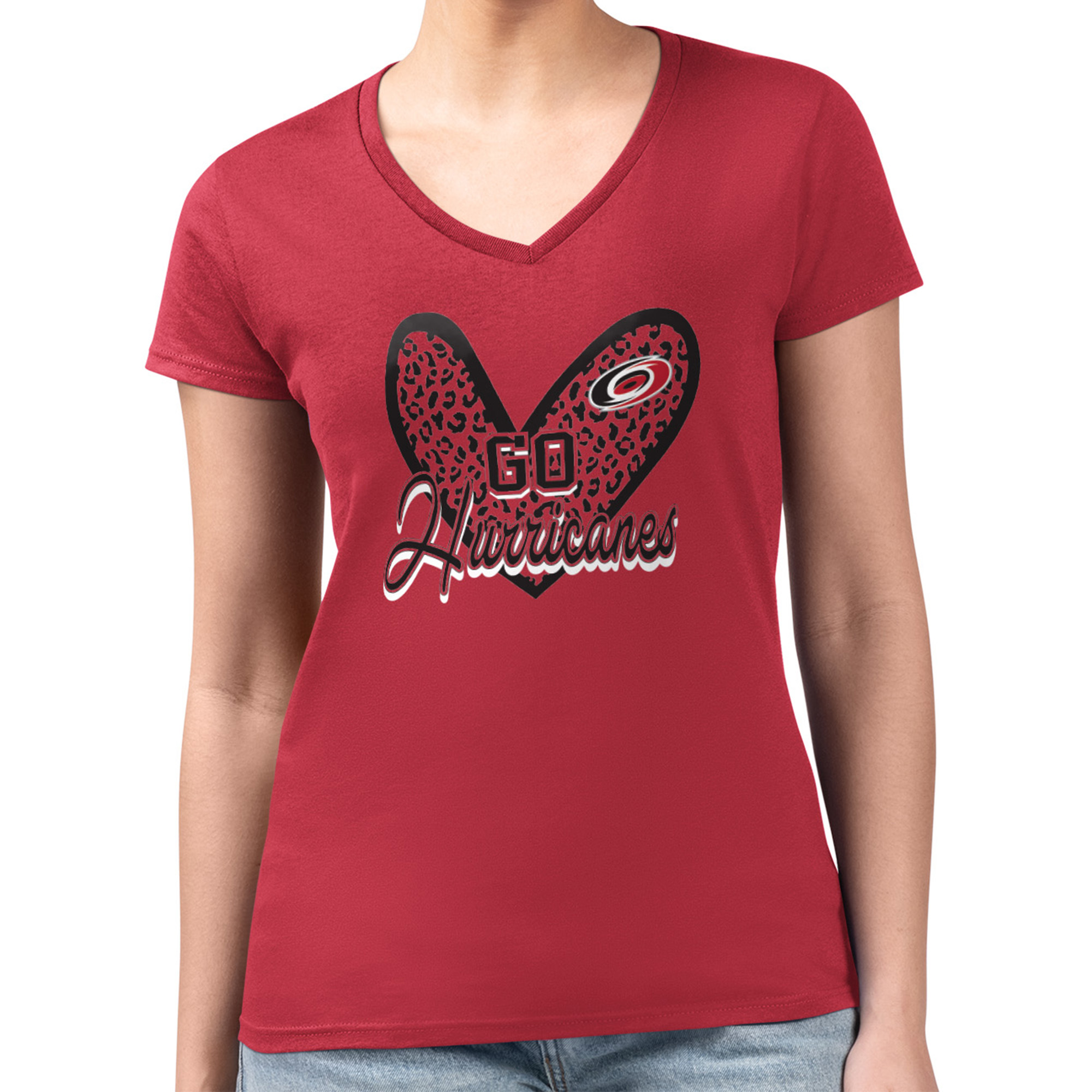 Women's G-III 4Her by Carl Banks Red Carolina Hurricanes Animal Print Heart Fitted V-Neck T-Shirt