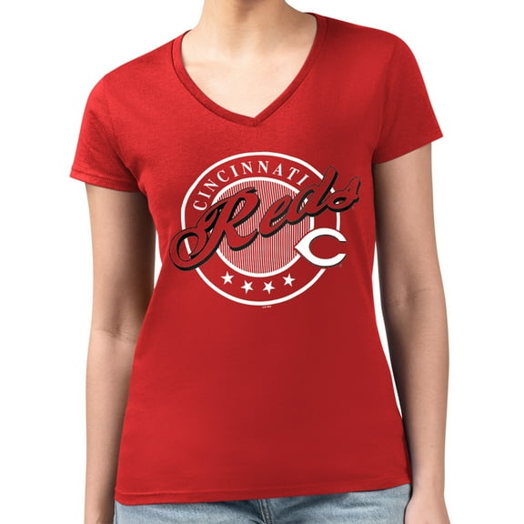 Women's G-III 4Her by Carl Banks  Red Cincinnati Reds Super-Slim Fit Lightweight Pinstripe Circle V-Neck T-Shirt