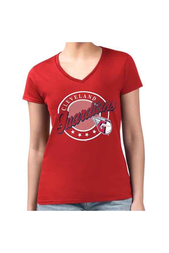 Women's G-III 4Her by Carl Banks Red Cleveland Guardians Super-Slim Fit Lightweight Pinstripe Circle V-Neck T-Shirt