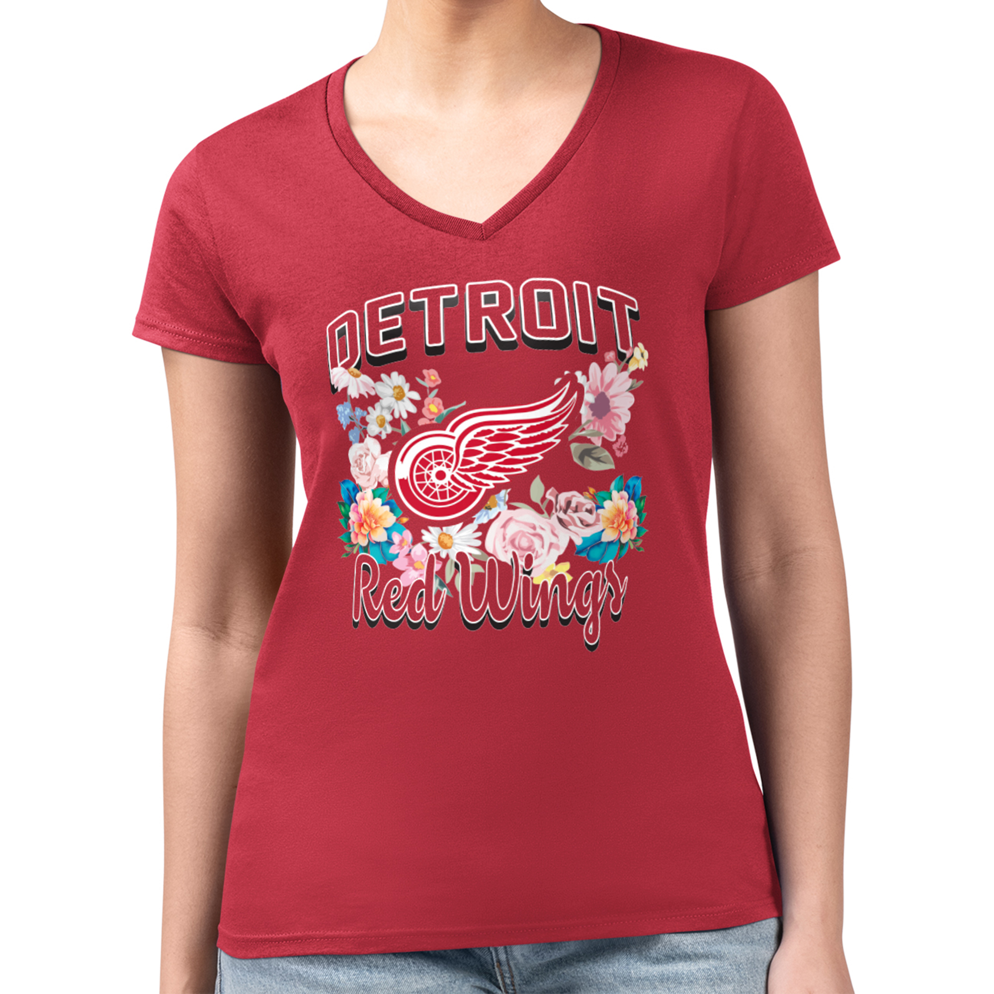 Women's G-III 4Her by Carl Banks Red Detroit Red Wings Flower Logo Fitted V-Neck T-Shirt