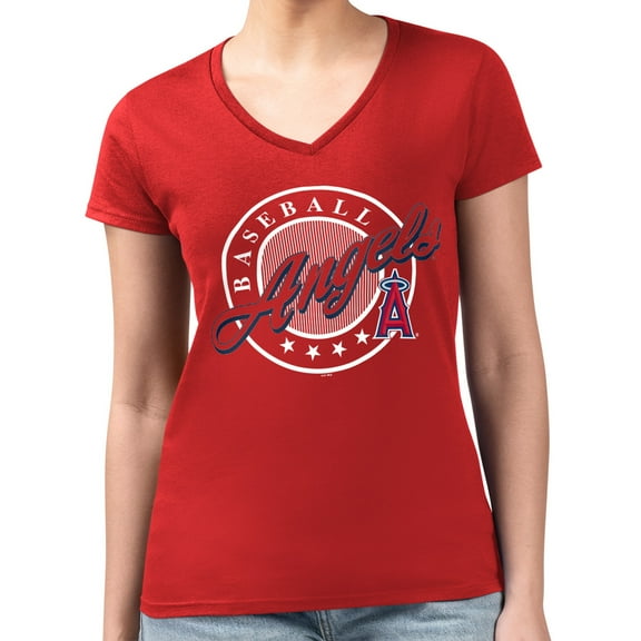 Women's G-III 4Her by Carl Banks  Red Los Angeles Angels Super-Slim Fit Lightweight Pinstripe Circle V-Neck T-Shirt