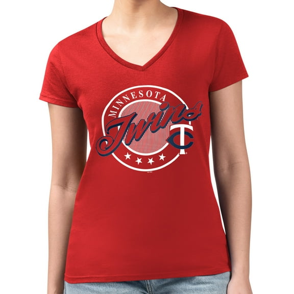 Women's G-III 4Her by Carl Banks  Red Minnesota Twins Super-Slim Fit Lightweight Pinstripe Circle V-Neck T-Shirt
