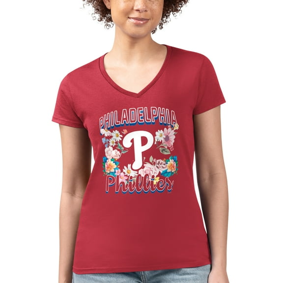 Women's G-III 4Her by Carl Banks Red Philadelphia Phillies Super-Slim Fit Lightweight Flowers Graphic V-Neck T-Shirt