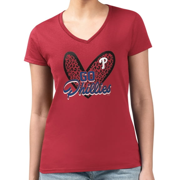 Women's G-III 4Her by Carl Banks Red Philadelphia Phillies Super-Slim Fit Lightweight Leopard Heart V-Neck T-Shirt