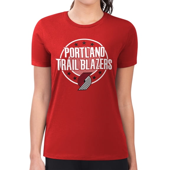 Women's G-III 4Her by Carl Banks Red Portland Trail Blazers Super-Slim Lightweight Pinstripe Circle Graphic T-Shirt