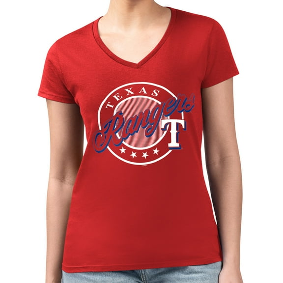 Women's G-III 4Her by Carl Banks Red Texas Rangers Super-Slim Fit Lightweight Pinstripe Circle V-Neck T-Shirt