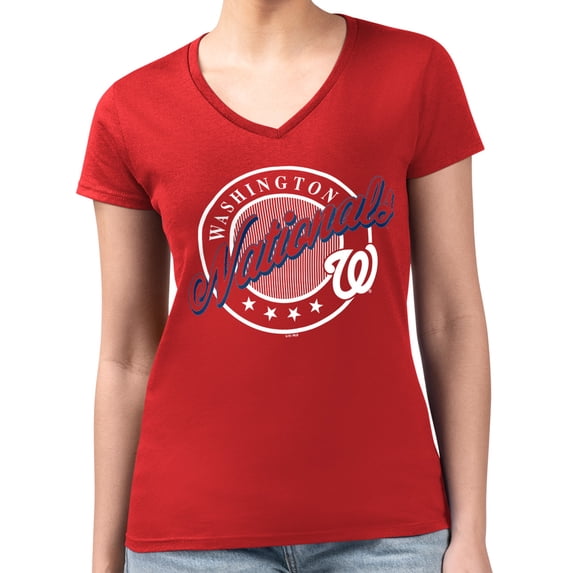 Women's G-III 4Her by Carl Banks Red Washington Nationals Super-Slim Fit Lightweight Pinstripe Circle V-Neck T-Shirt