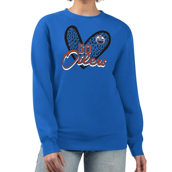 Women's G-III 4Her by Carl Banks Royal Edmonton Oilers Animal Print Heart Fleece Pullover Sweatshirt