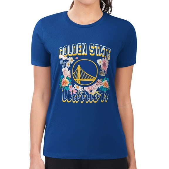 Women's G-III 4Her by Carl Banks Royal Golden State Warriors Super-Slim Fit Lightweight Flowers Team Logo Graphic