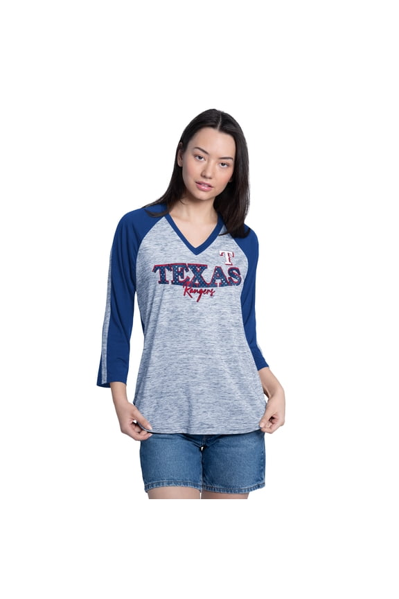 Women's G-III 4Her by Carl Banks Royal/Heather Royal Texas Rangers Speed Training 3/4-Sleeve Rhinestone V-Neck T-Shirt