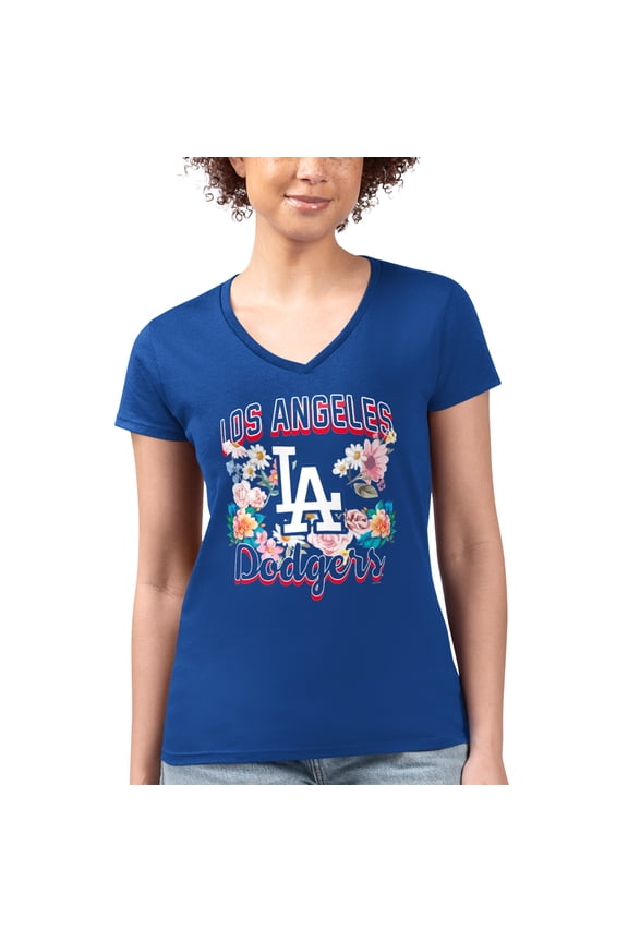 Women's G-III 4Her by Carl Banks Royal Los Angeles Dodgers Super-Slim Fit Lightweight Flowers Graphic V-Neck T-Shirt