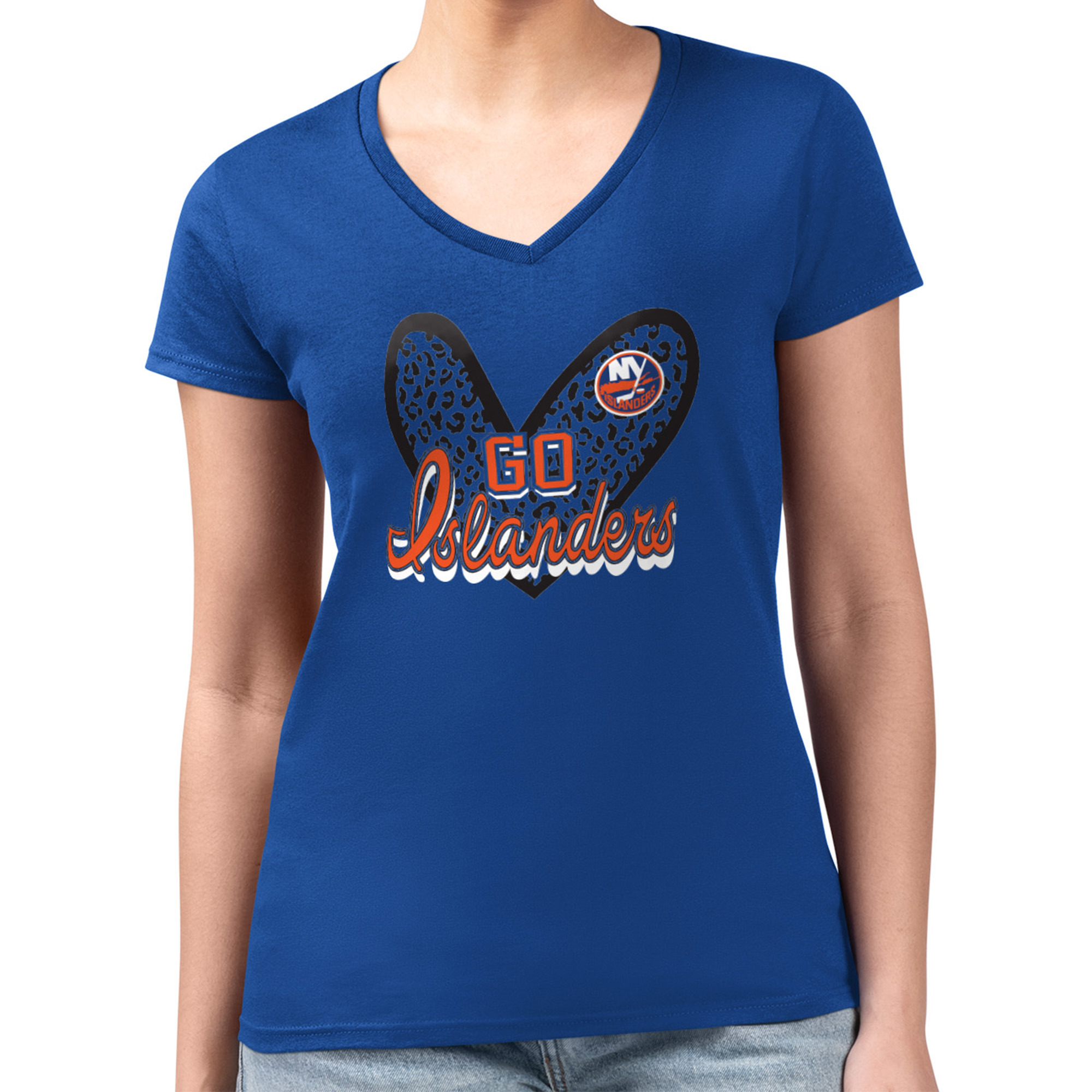 Women's G-III 4Her by Carl Banks Royal New York Islanders Animal Print Heart Fitted V-Neck T-Shirt