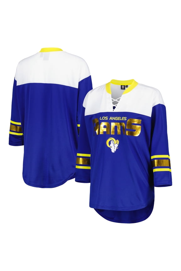Women's G-III 4Her by Carl Banks Royal/White Los Angeles Rams Double Team 3/4-Sleeve Lace-Up T-Shirt