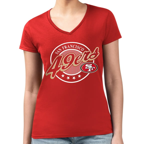 Women's G-III 4Her by Carl Banks  Scarlet San Francisco 49ers Super-Slim Fit Lightweight Pinstripe Circle V-Neck T-Shirt