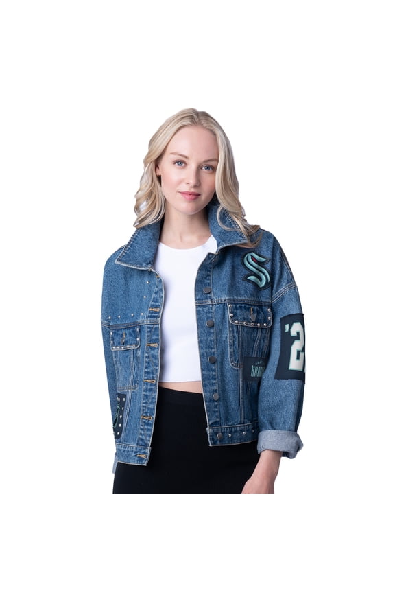 Women's G-III 4Her by Carl Banks  Seattle Kraken Game Ball Cropped Button-Up Denim Jacket