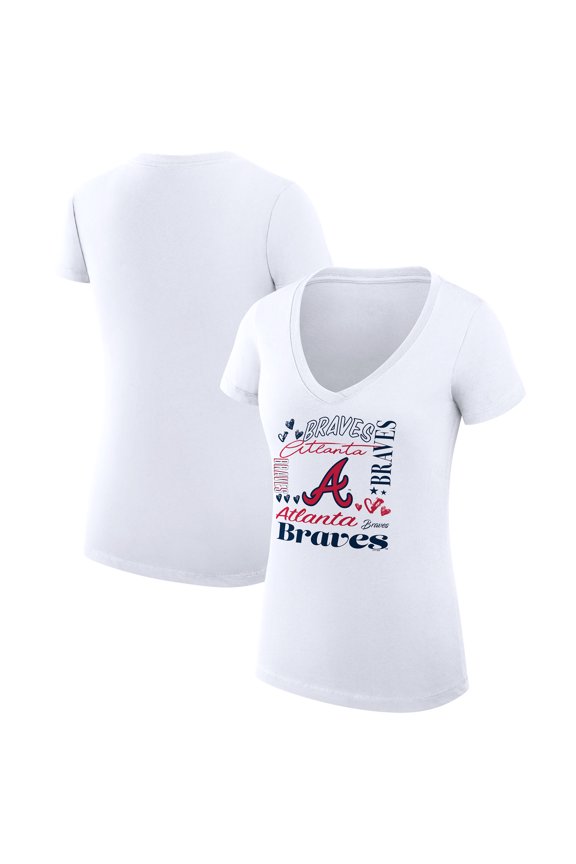 Women's G-III 4Her by Carl Banks White Atlanta Braves Super-Slim Fit Lightweight Collage Team Graphic V-Neck T-Shirt