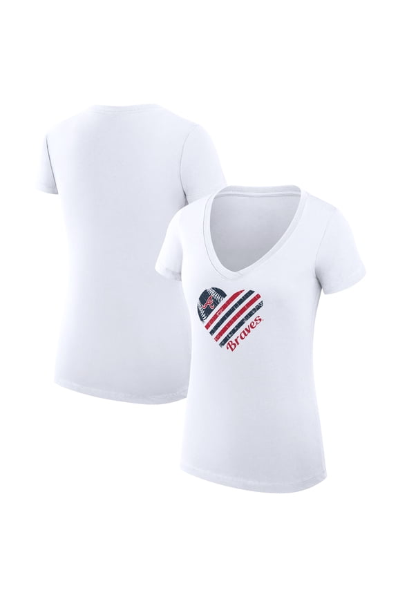 Women's G-III 4Her by Carl Banks White Atlanta Braves Super-Slim Fit Lightweight Heart V-Neck T-Shirt