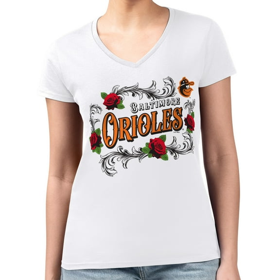 Women's G-III 4Her by Carl Banks  White Baltimore Orioles Super-Slim Fit Lightweight Retro Roses V-Neck T-Shirt