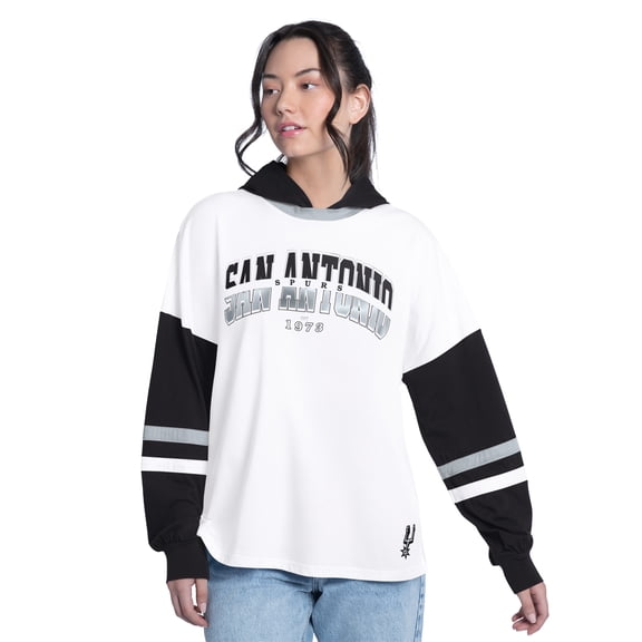 Women's G-III 4Her by Carl Banks White/Black San Antonio Spurs Key Player Oversized Hooded Long Sleeve T-Shirt