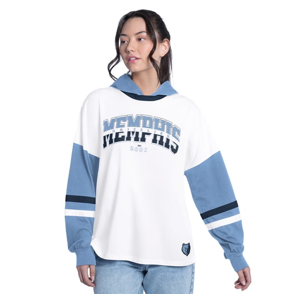 Women's G-III 4Her by Carl Banks White/Blue Memphis Grizzlies Key Player Oversized Hooded Long Sleeve T-Shirt