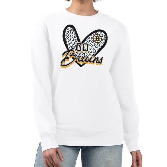 Women's G-III 4Her by Carl Banks White Boston Bruins Animal Print Heart Fleece Pullover Sweatshirt