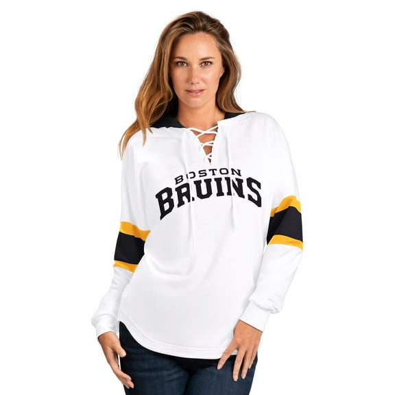 Women's-G-III 4Her by Carl Banks White Boston Bruins Goal Zone Long Sleeve Lace-Up Hoodie T-Shirt