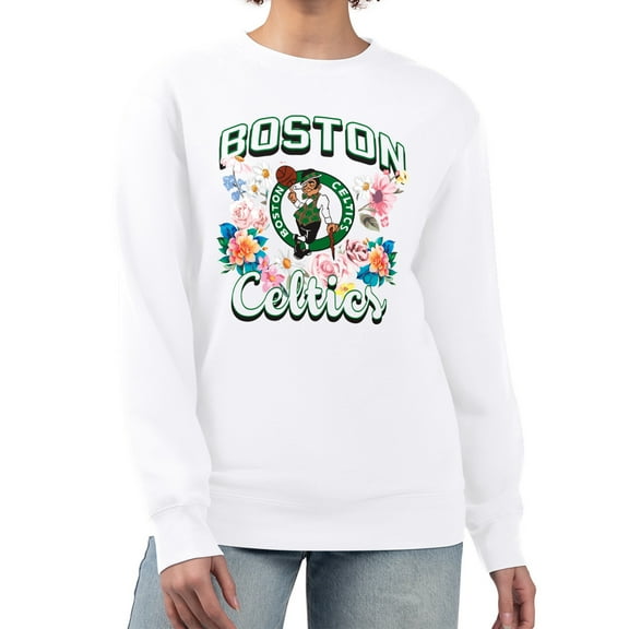 Women's G-III 4Her by Carl Banks White Boston Celtics Flowers Team Logo Graphic Fleece Crewneck Pullover Sweatshirt