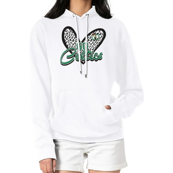 Women's G-III 4Her by Carl Banks White Boston Celtics Leopard Heart Graphic Fleece Pullover Hoodie