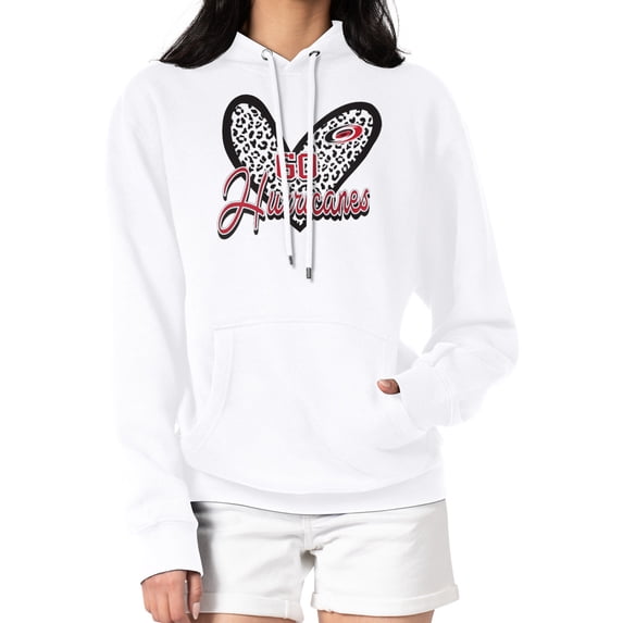Women's G-III 4Her by Carl Banks White Carolina Hurricanes Animal Print Heart Fleece Pullover Hoodie