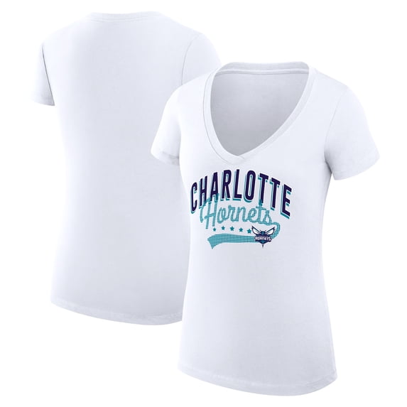 Women's G-III 4Her by Carl Banks White Charlotte Hornets Filigree Logo V-Neck Fitted T-Shirt