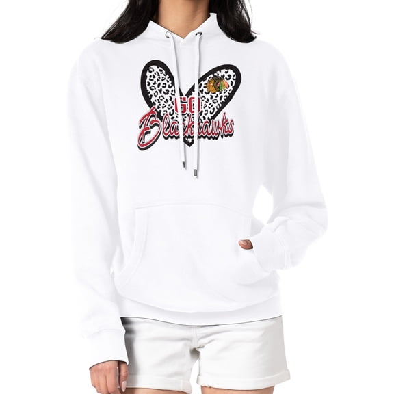 Women's G-III 4Her by Carl Banks White Chicago Blackhawks Animal Print Heart Fleece Pullover Hoodie
