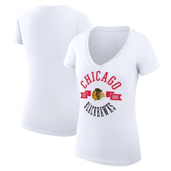 Women's G-III 4Her by Carl Banks White Chicago Blackhawks Super-Slim Fit Lightweight City Graphic V-Neck T-Shirt