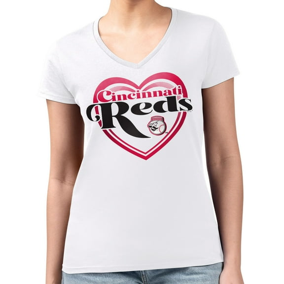 Women's G-III 4Her by Carl Banks White Cincinnati Reds Super-Slim Fit Lightweight Double Heart V-Neck T-Shirt