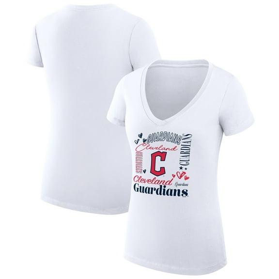 Women's G-III 4Her by Carl Banks White Cleveland Guardians Super-Slim Fit Lightweight Collage Team Graphic V-Neck
