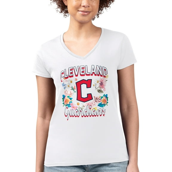 Women's G-III 4Her by Carl Banks White Cleveland Guardians Super-Slim Fit Lightweight Flowers Graphic V-Neck T-Shirt