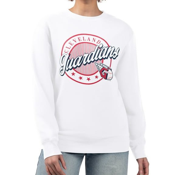 Women's G-III 4Her by Carl Banks White Cleveland Guardians Pinstripe Circle Team Fleece Pullover Sweatshirt
