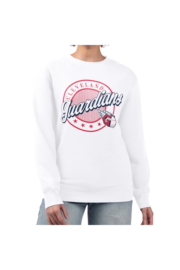 Women's G-III 4Her by Carl Banks White Cleveland Guardians Pinstripe Circle Team Fleece Pullover Sweatshirt