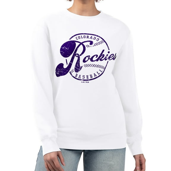 Women's G-III 4Her by Carl Banks White Colorado Rockies Distressed Baseball Team Fleece Pullover Sweatshirt